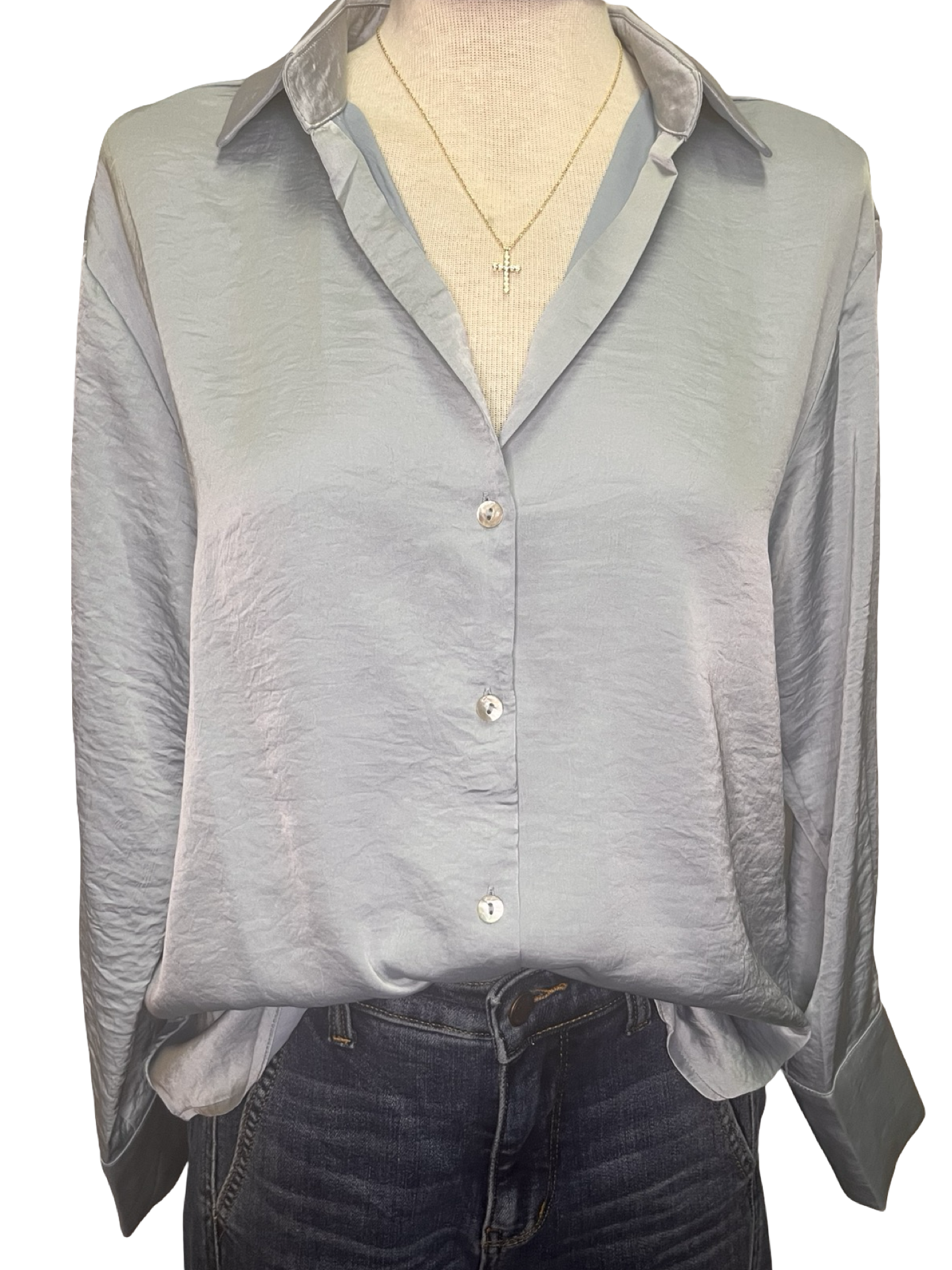 Shimmer Button Down Woven Top Ice Blue