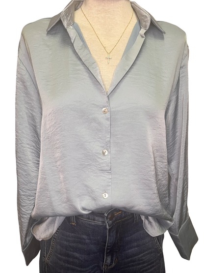 Shimmer Button Down Woven Top Ice Blue
