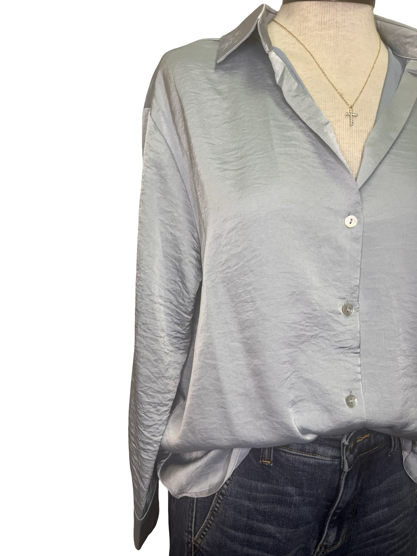Shimmer Button Down Woven Top Ice Blue