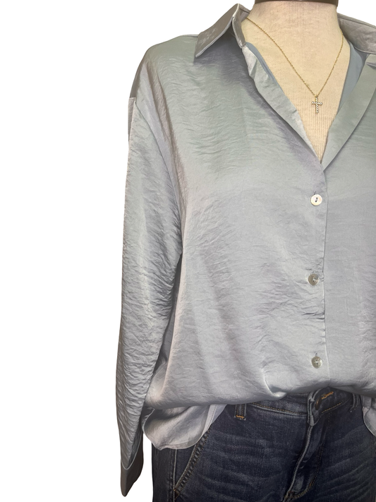 Shimmer Button Down Woven Top Ice Blue