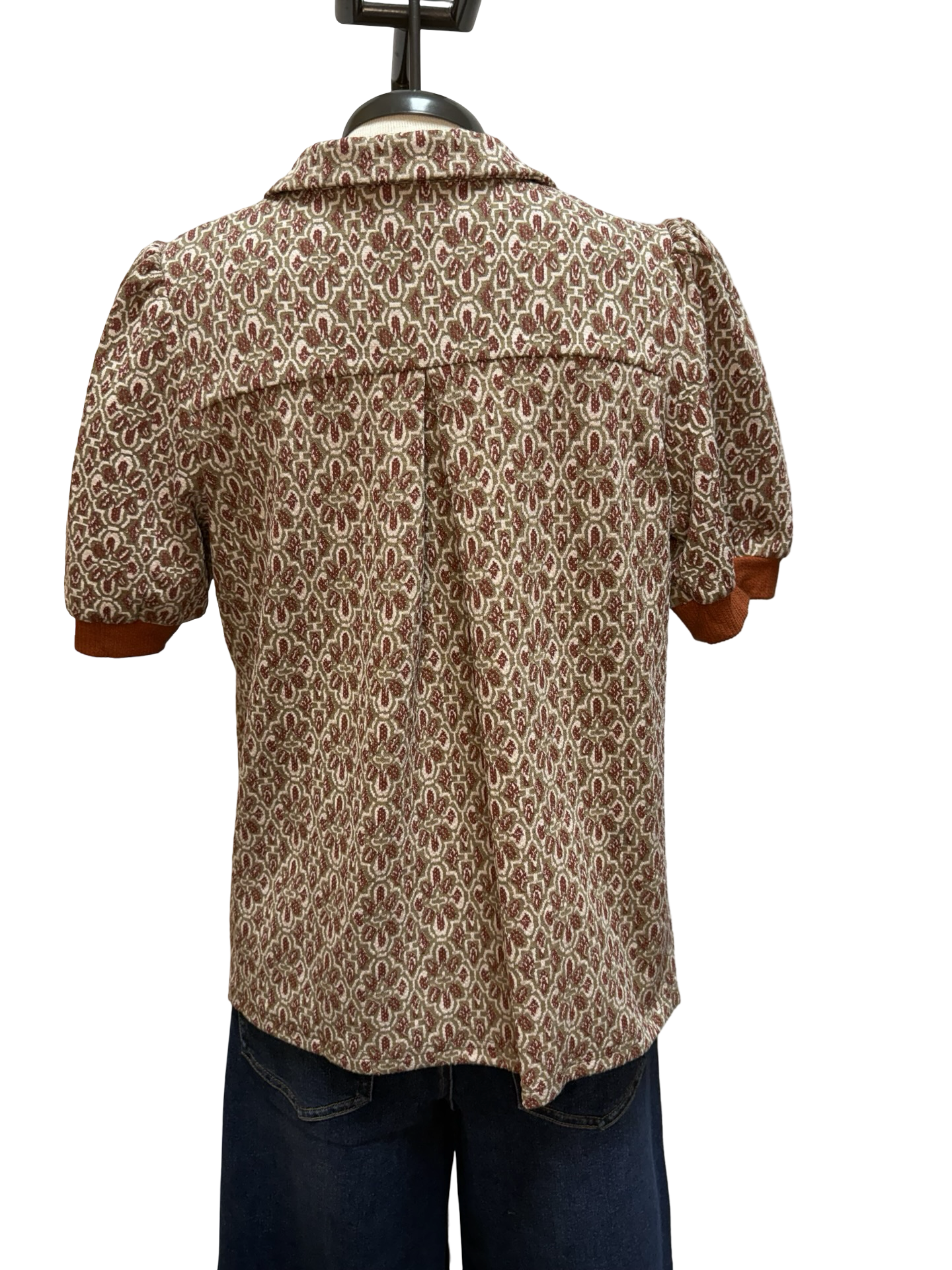 Printed Collared Puff Sleeve Top Chestnut