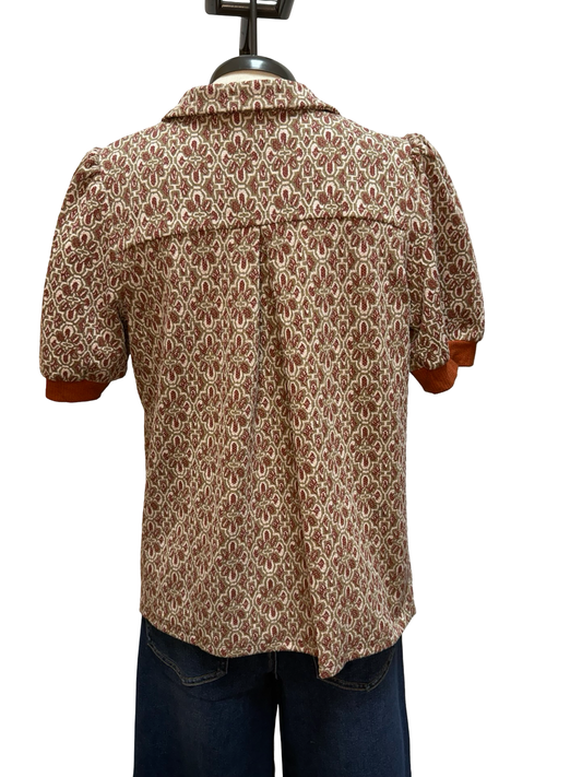 Printed Collared Puff Sleeve Top Chestnut