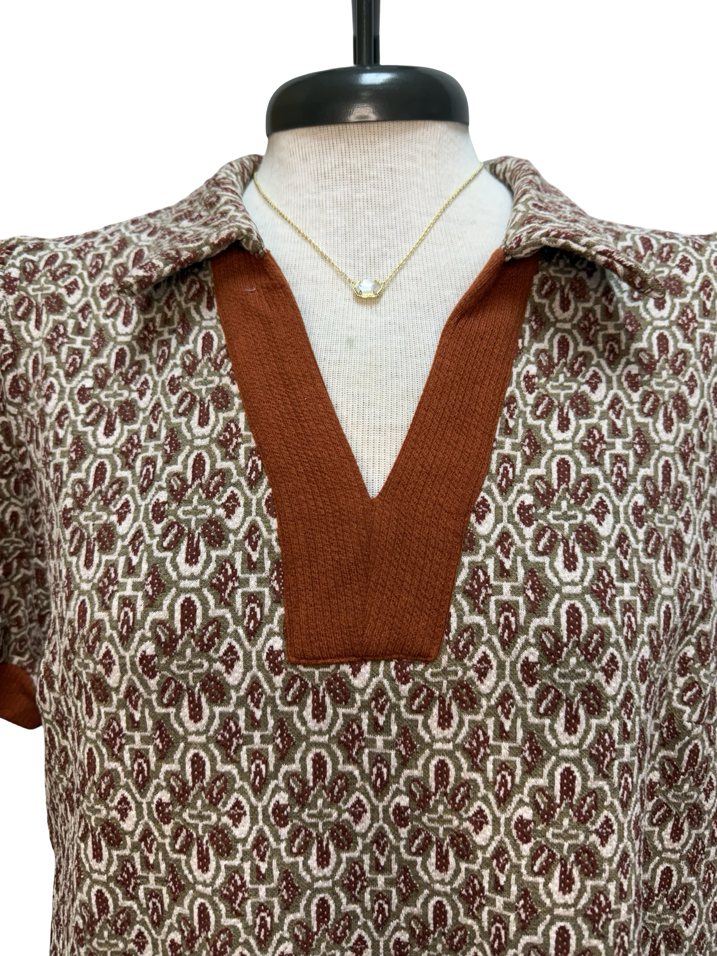 Printed Collared Puff Sleeve Top Chestnut