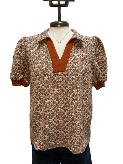 Printed Collared Puff Sleeve Top Chestnut