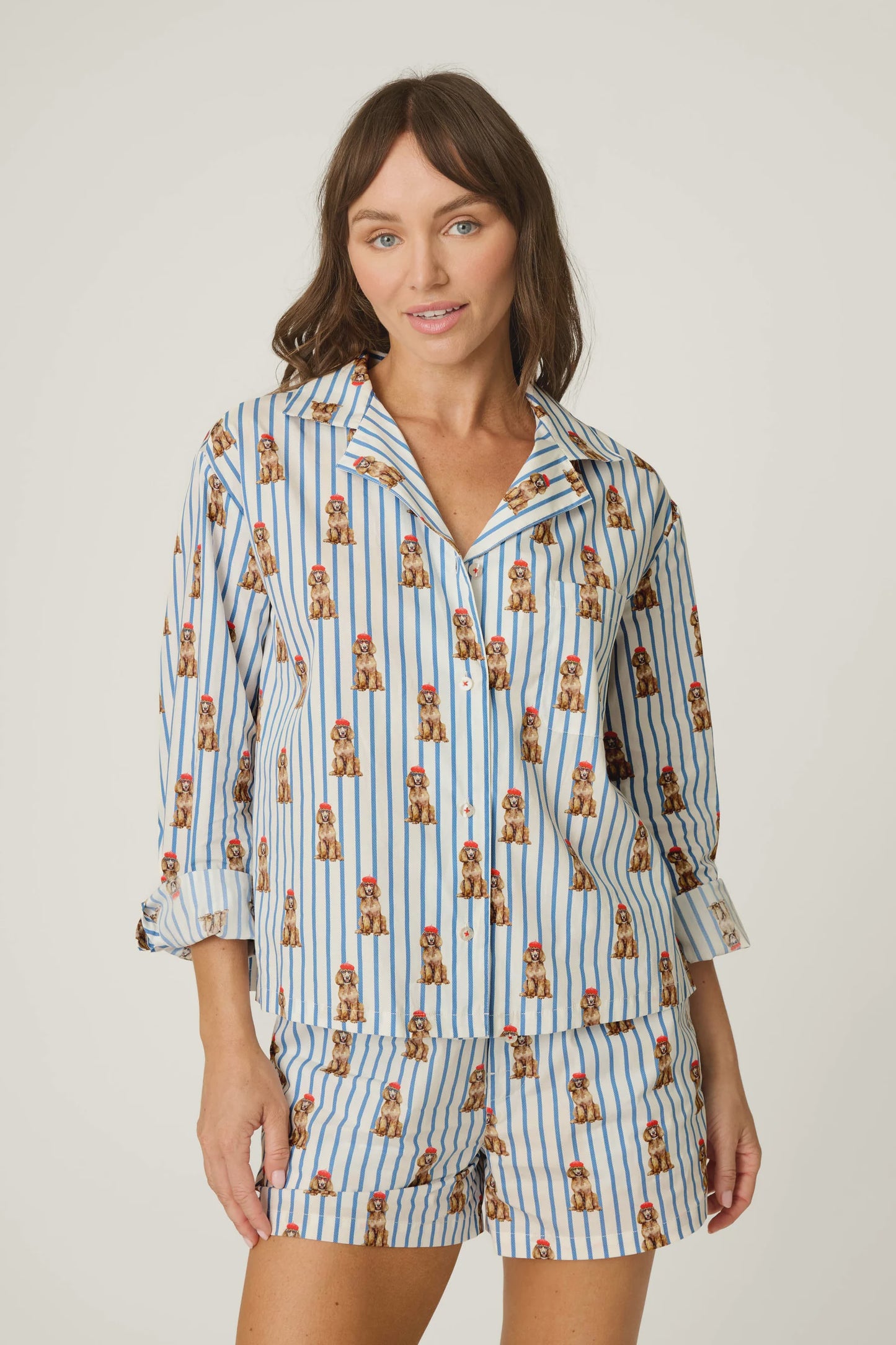 Afterparty Poplin Stripe & Poodle Print Long Sleeve Top