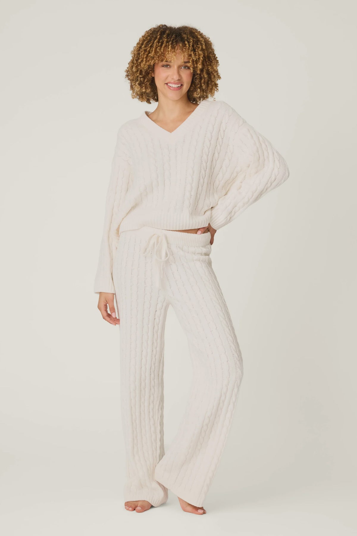 Cozy Chenille Cable Knit Ivory V Neck Lounge Set