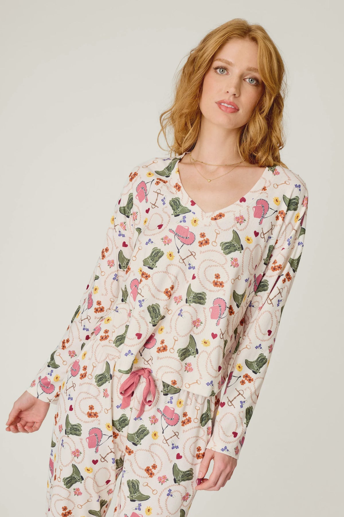 Saddle Up Western Print Long Sleeve V-Neck Top