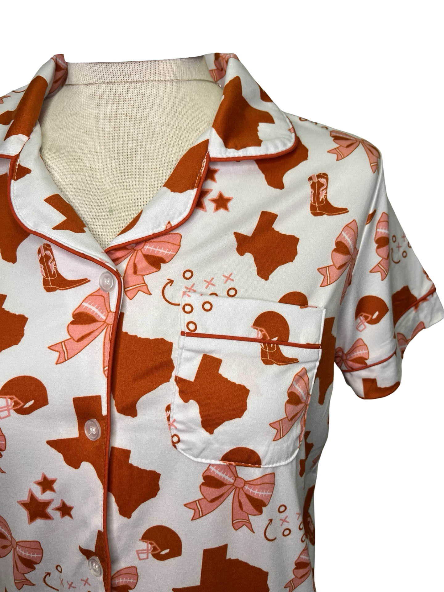 Put a Bow On It Short Sleeve Button Up Sleep Shirt White/Burnt Orange/Pink