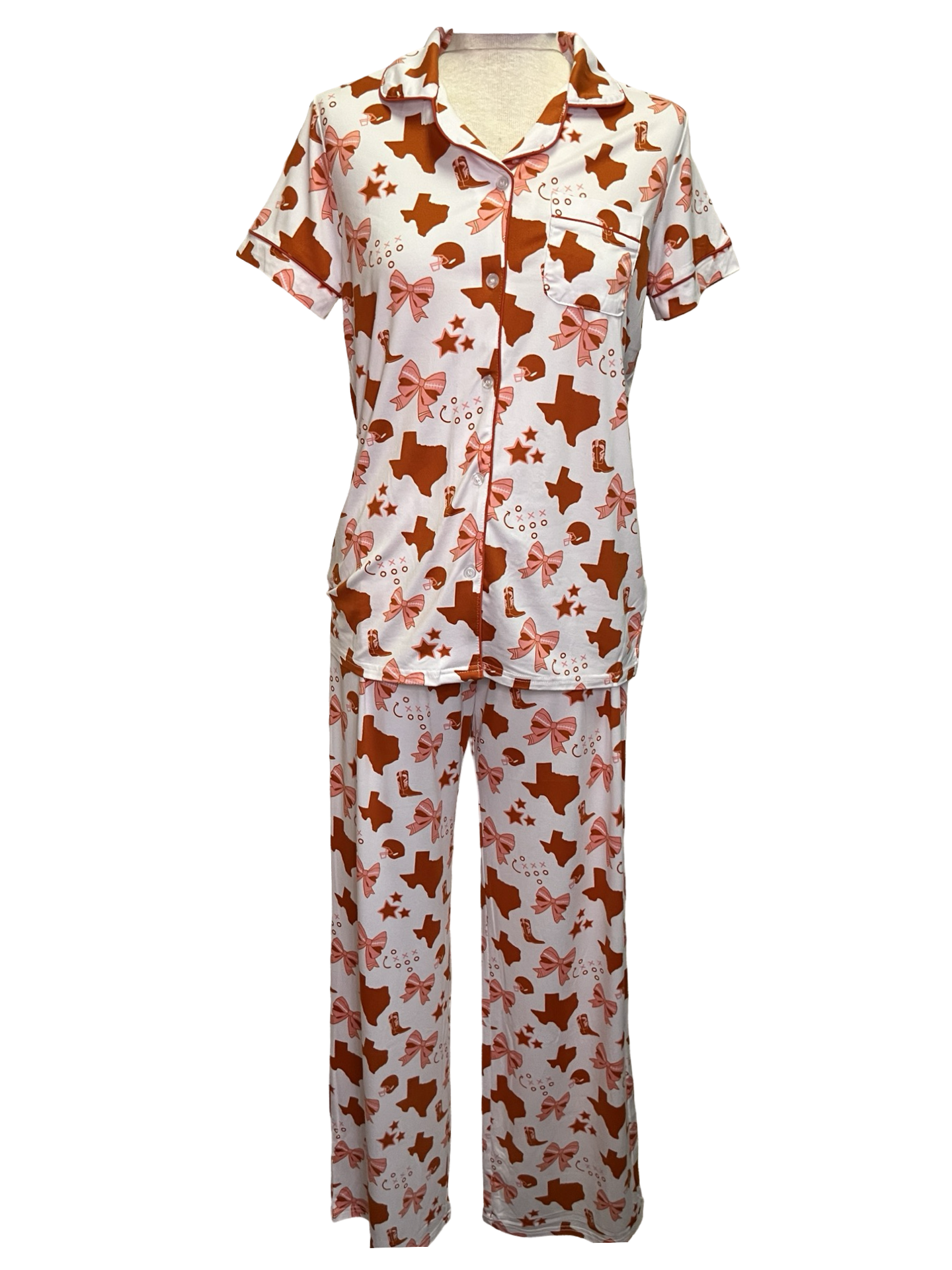 Put a Bow On It Short Sleeve Button Up Sleep Shirt White/Burnt Orange/Pink