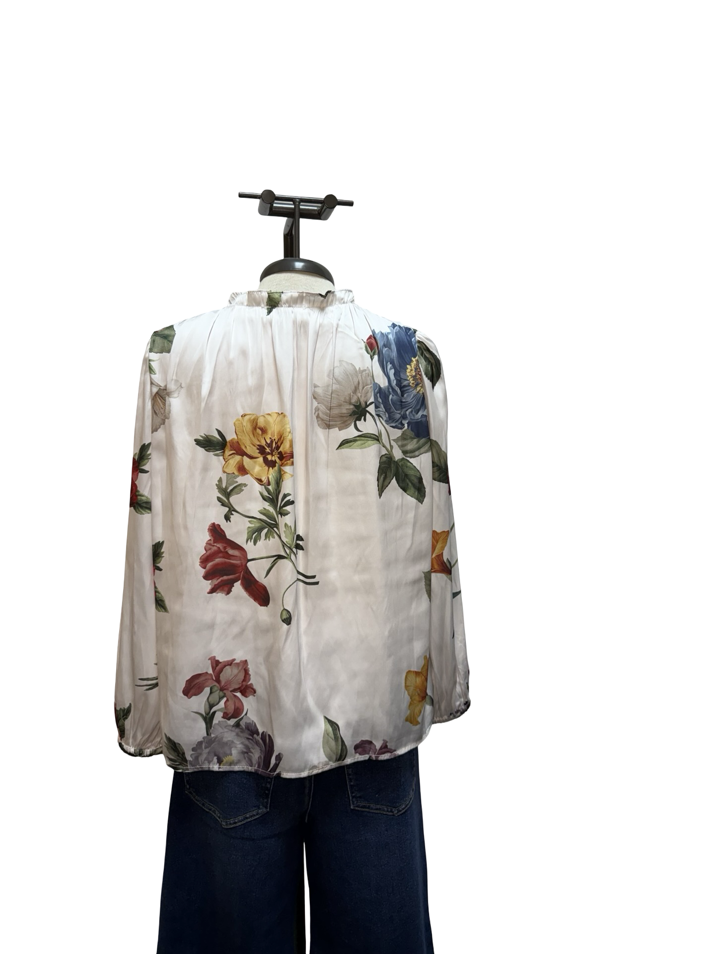Ruffled Keyhole Neck  Long Sleeve Floral Blouse Pearl