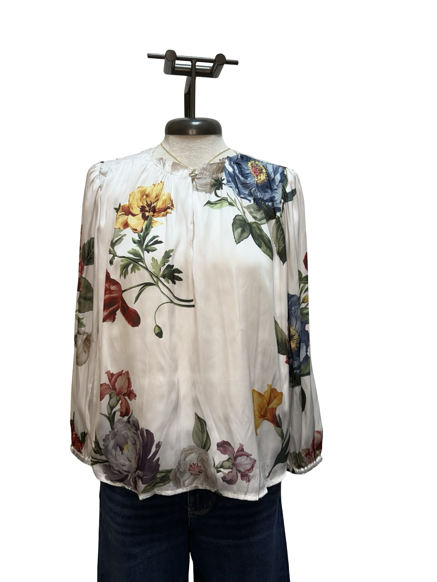 Ruffled Keyhole Neck  Long Sleeve Floral Blouse Pearl