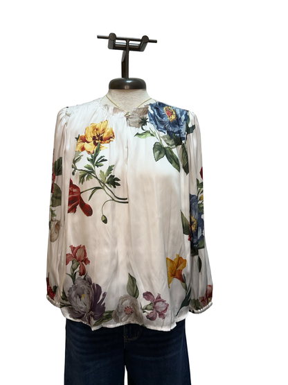 Ruffled Keyhole Neck  Long Sleeve Floral Blouse Pearl