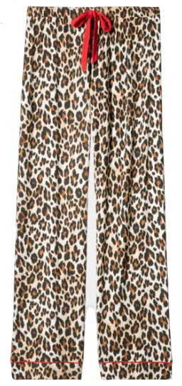 Leopard print pajama pants with a red drawstring on a white background