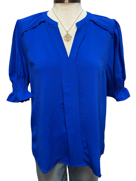 Short Smocked Sleeve Woven Top Royal Blue