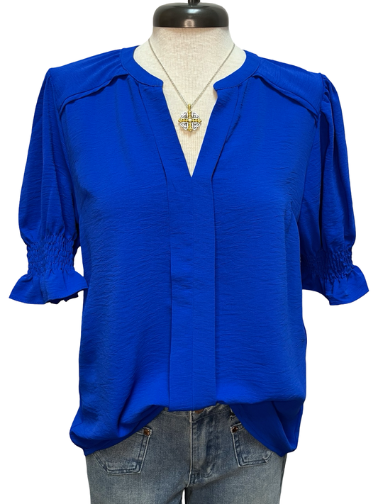 Short Smocked Sleeve Woven Top Royal Blue