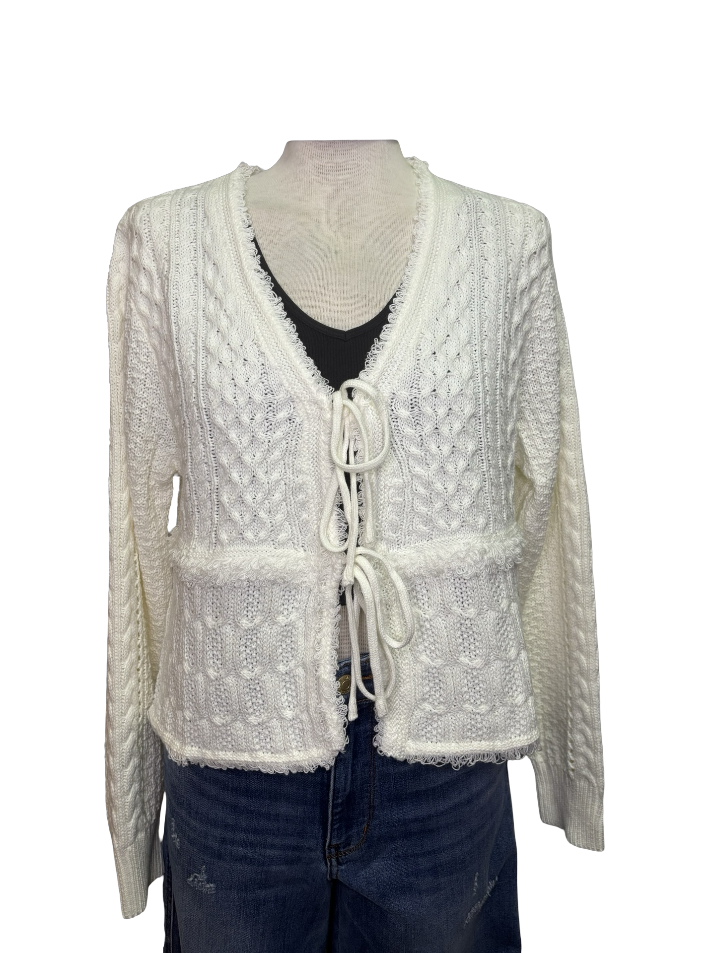 Cardigan Sweater with Front Ties Cream
