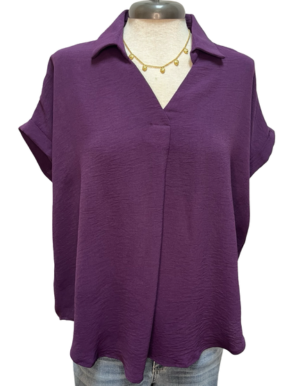 Drop Shoulder Collared Woven Top Purple
