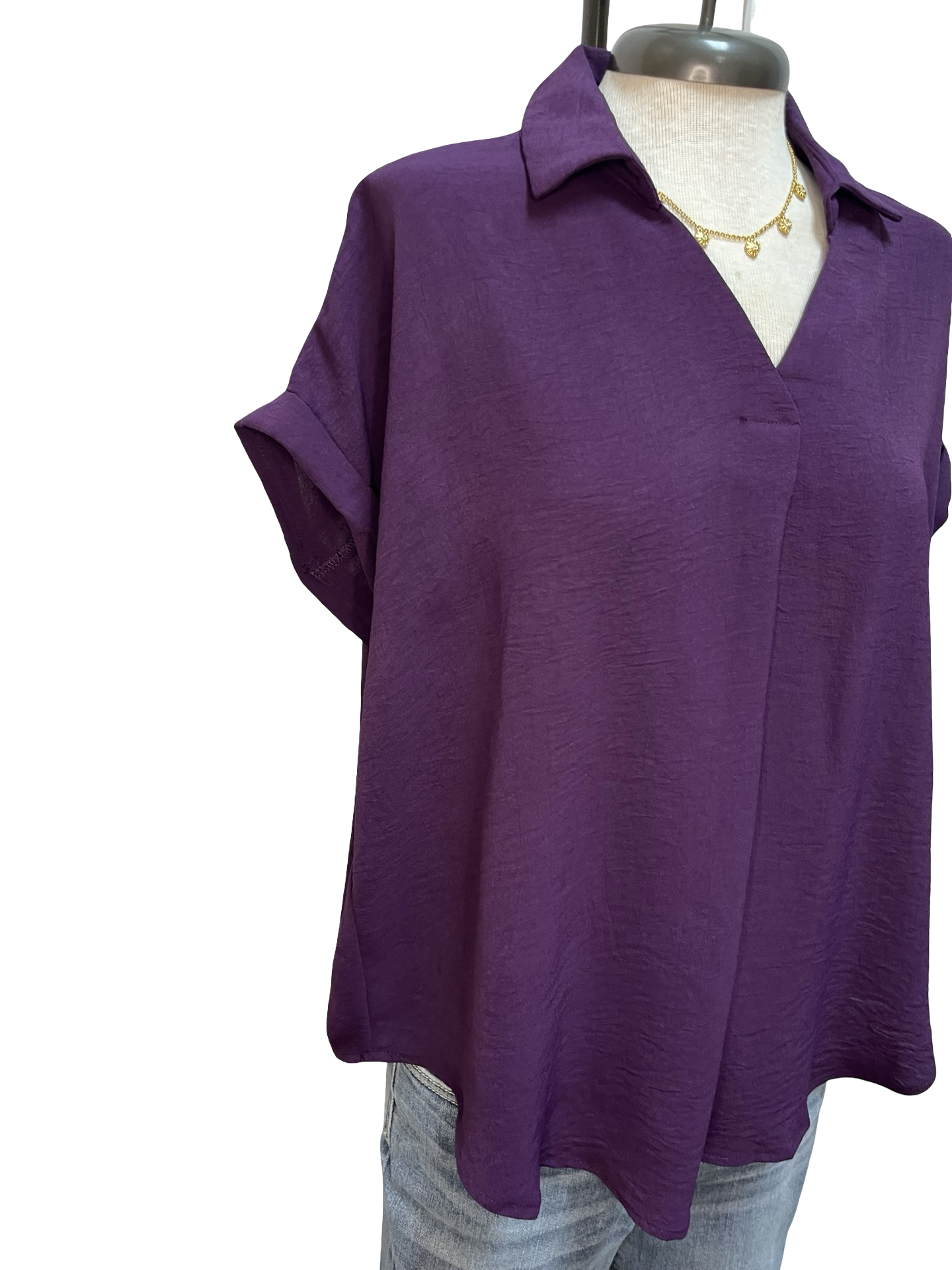 Drop Shoulder Collared Woven Top Purple