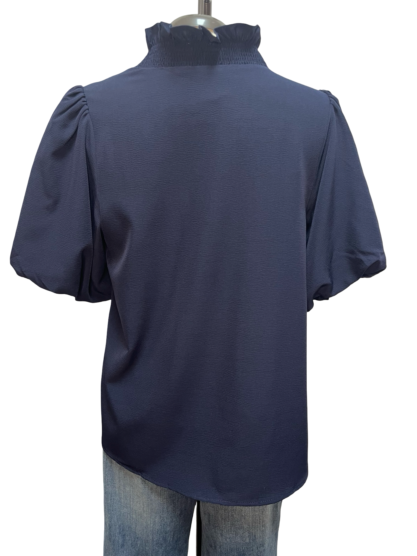 Short Bubble Sleeve Smocked Neck Top Navy
