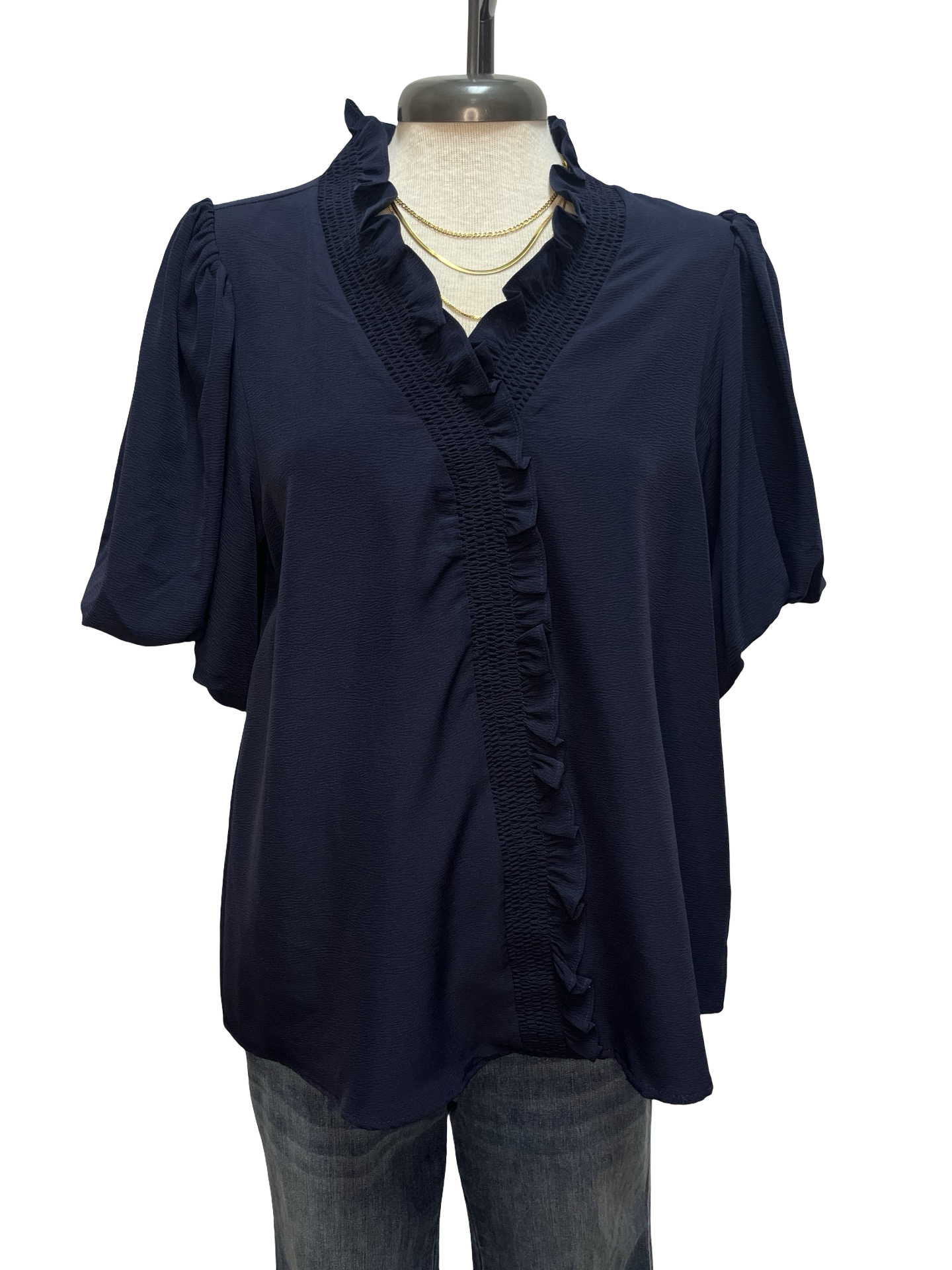 Short Bubble Sleeve Smocked Neck Top Navy