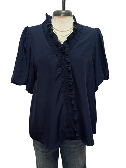 Short Bubble Sleeve Smocked Neck Top Navy