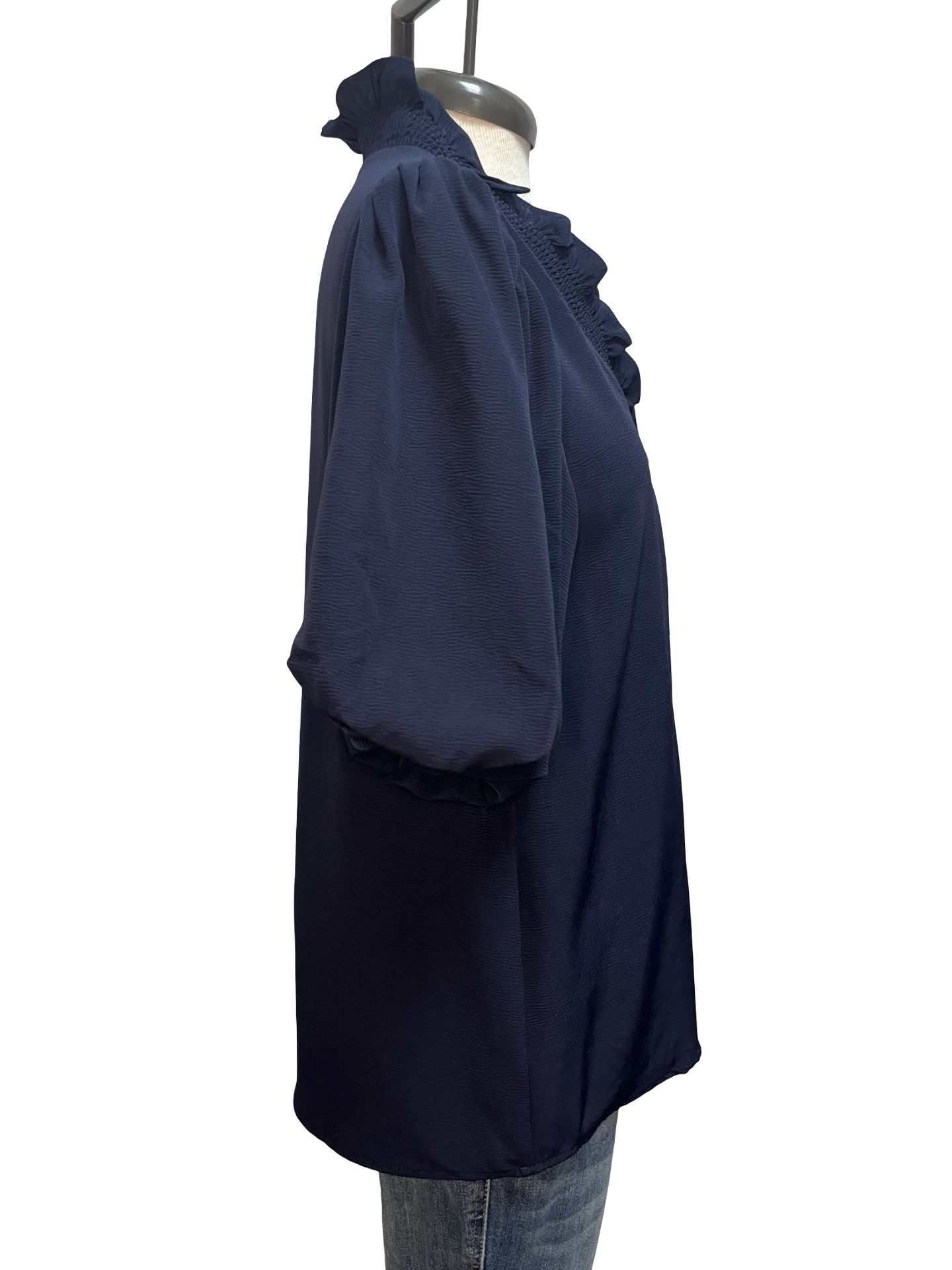 Short Bubble Sleeve Smocked Neck Top Navy