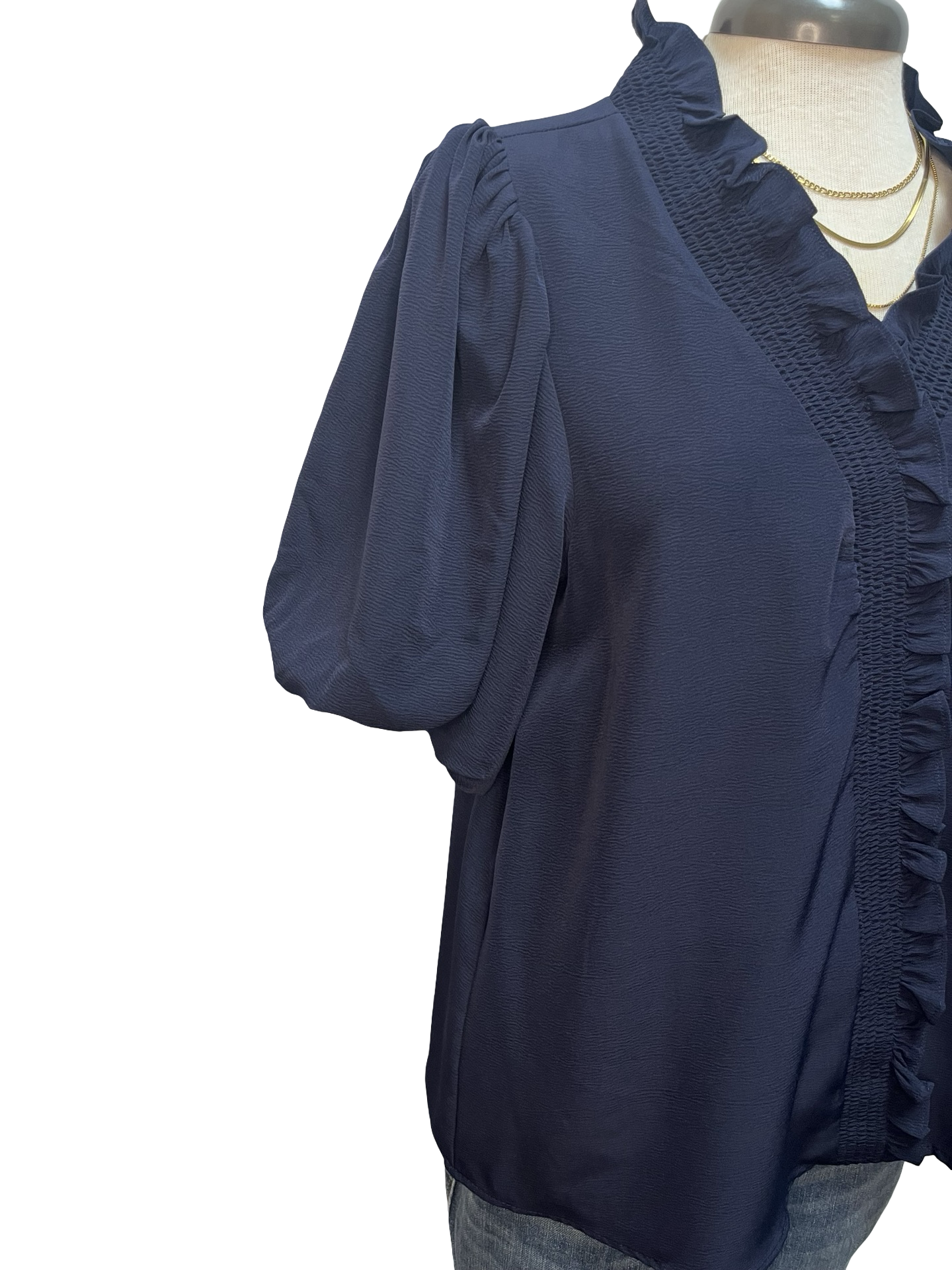 Short Bubble Sleeve Smocked Neck Top Navy
