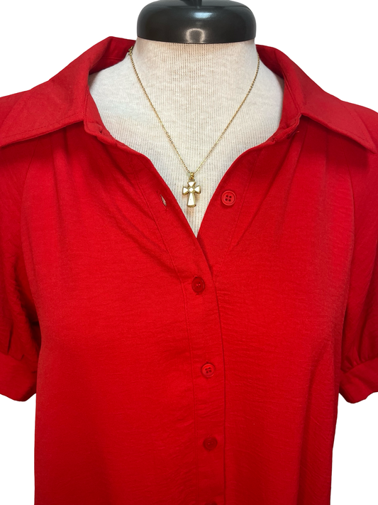 Short Sleeve Button Down Mini Dress Red