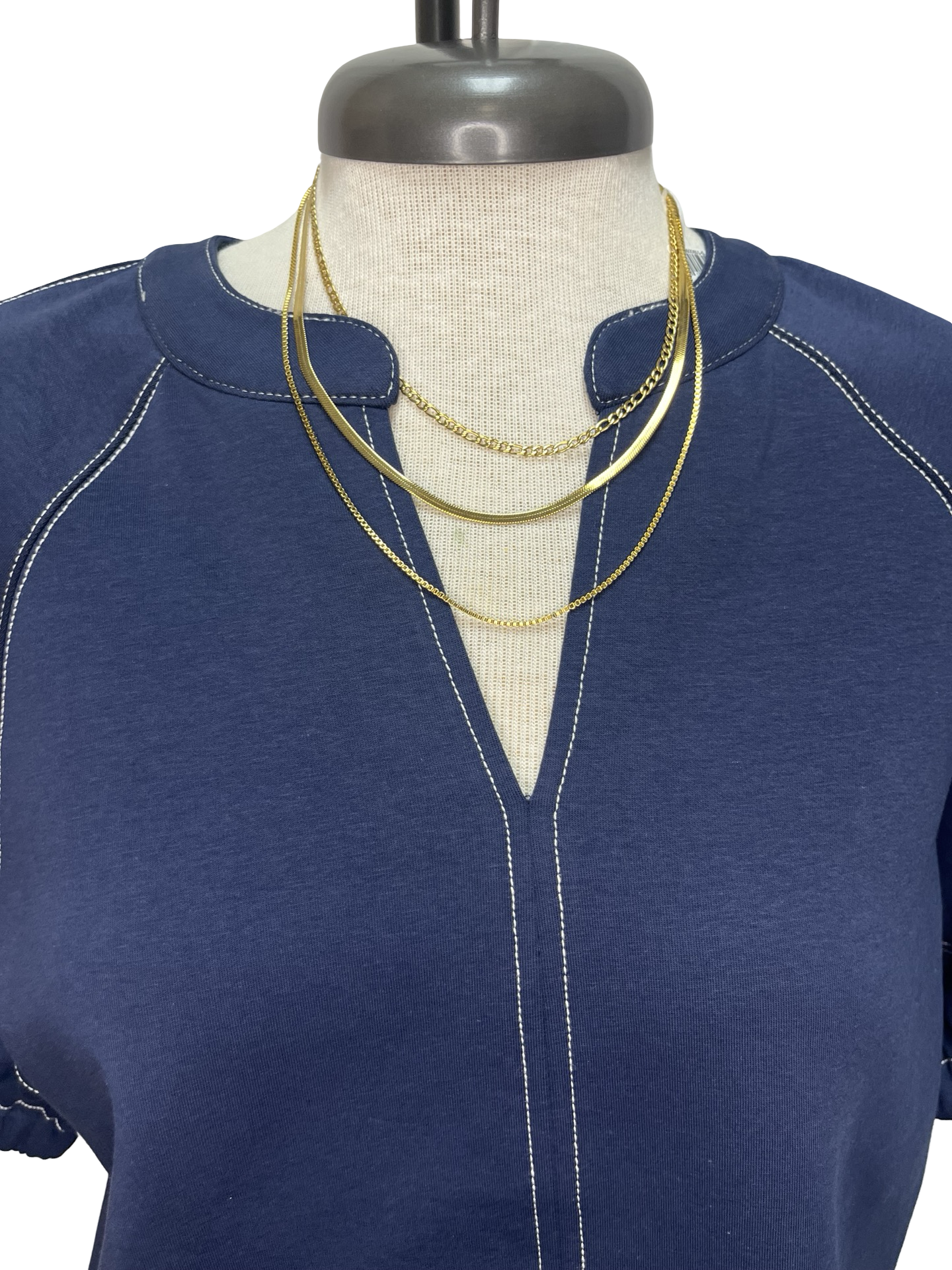 Short Sleeve Knit Stitching Detail Top Navy