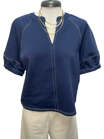 Short Sleeve Knit Stitching Detail Top Navy