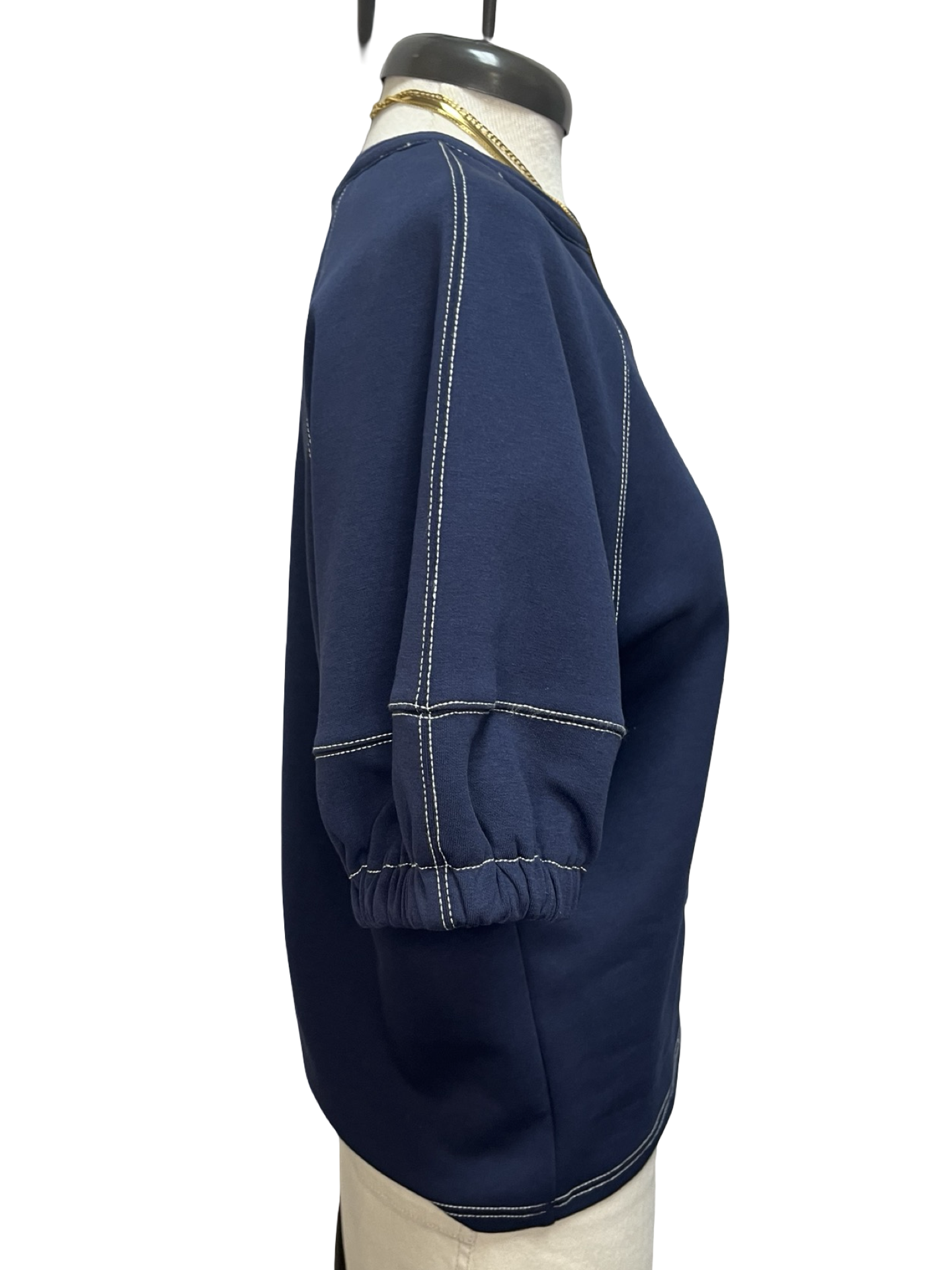 Short Sleeve Knit Stitching Detail Top Navy