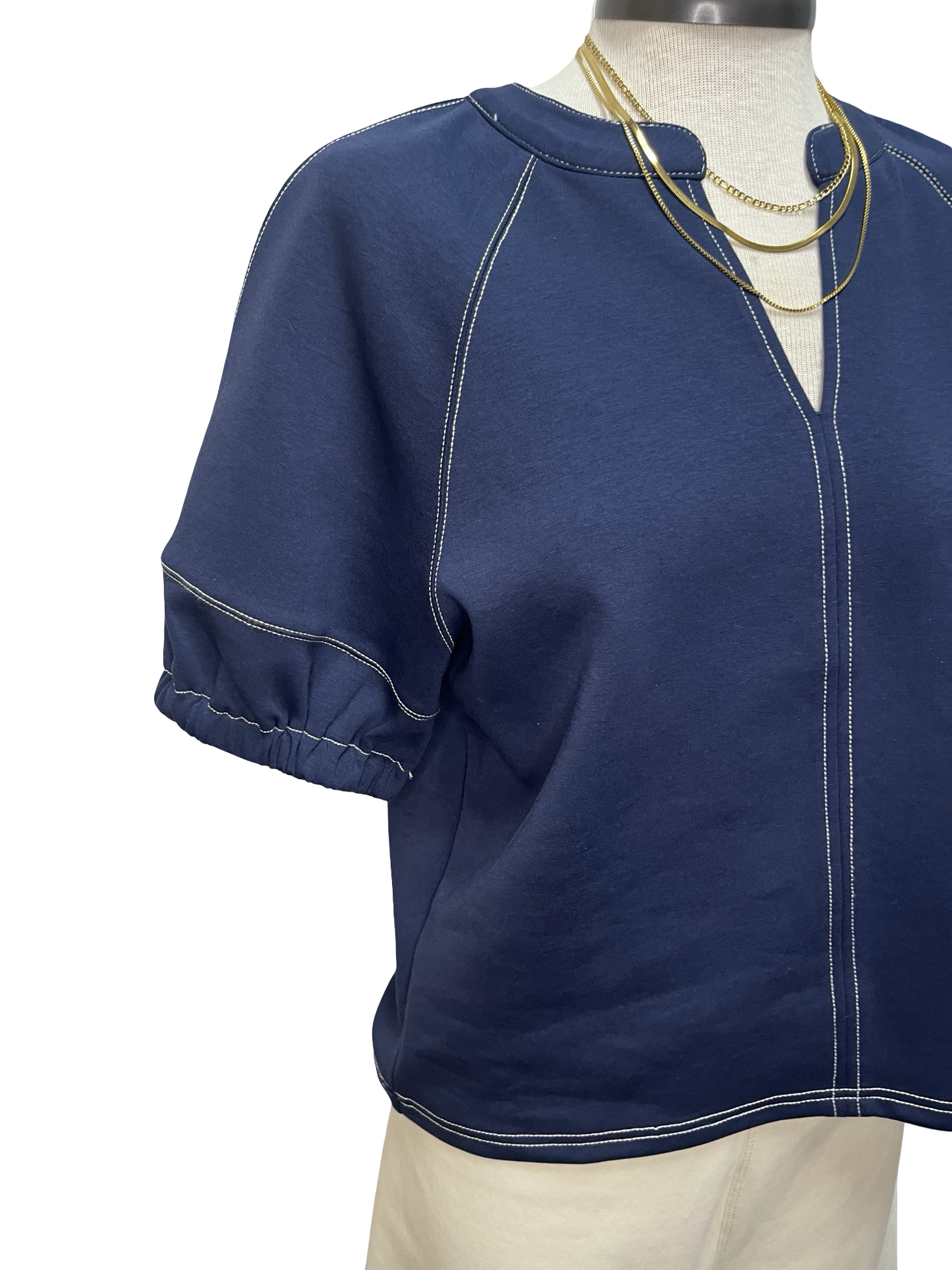 Short Sleeve Knit Stitching Detail Top Navy