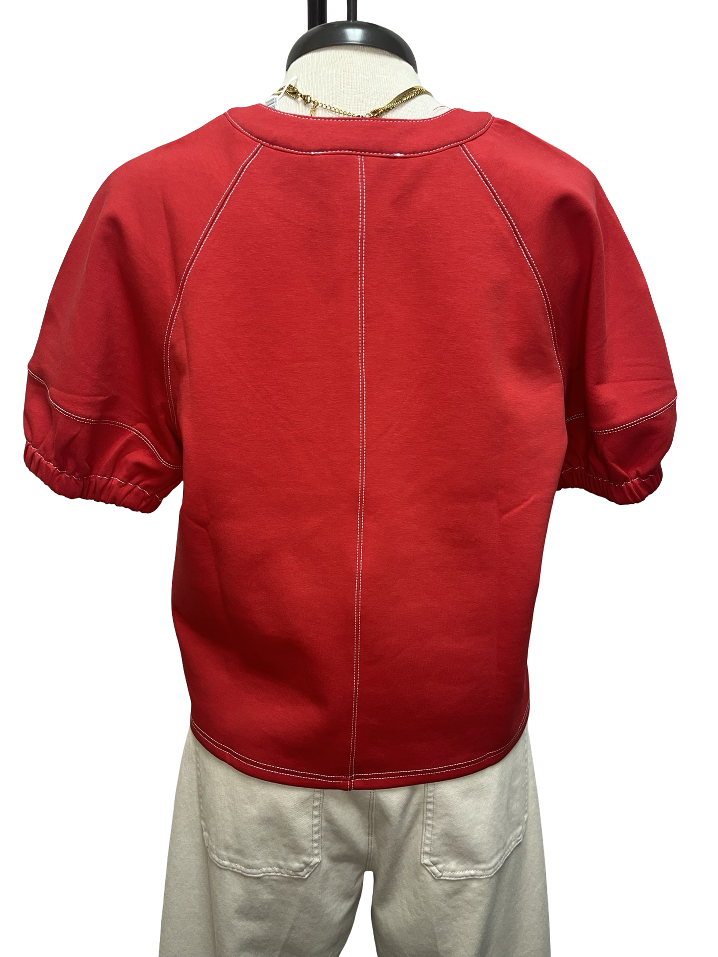 Short Sleeve Knit Stitching Detail Top Red
