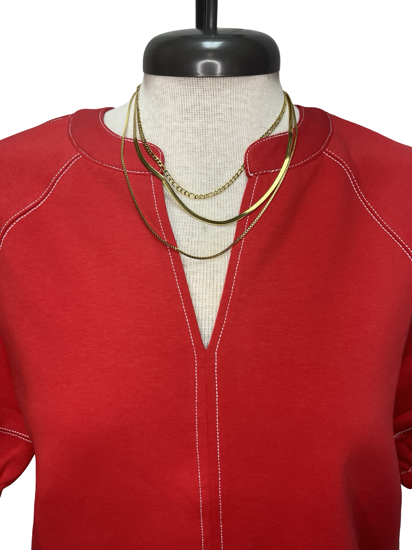 Short Sleeve Knit Stitching Detail Top Red