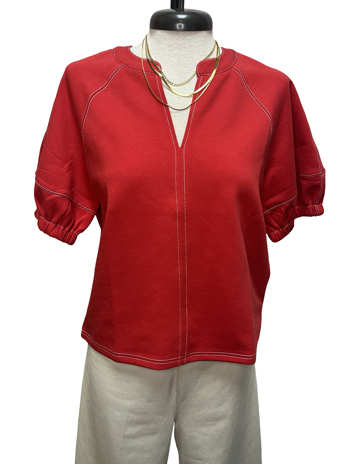 Short Sleeve Knit Stitching Detail Top Red