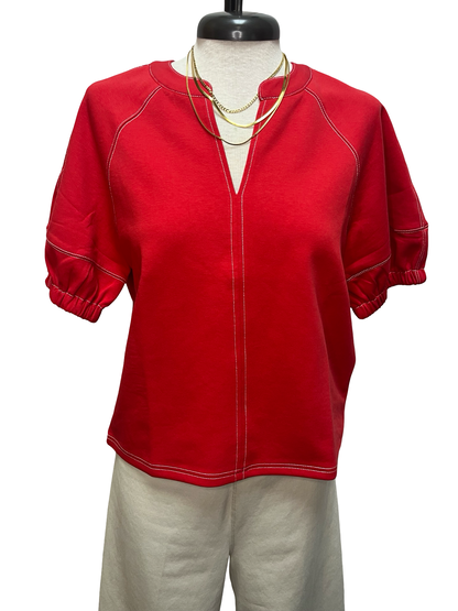 Short Sleeve Knit Stitching Detail Top Red