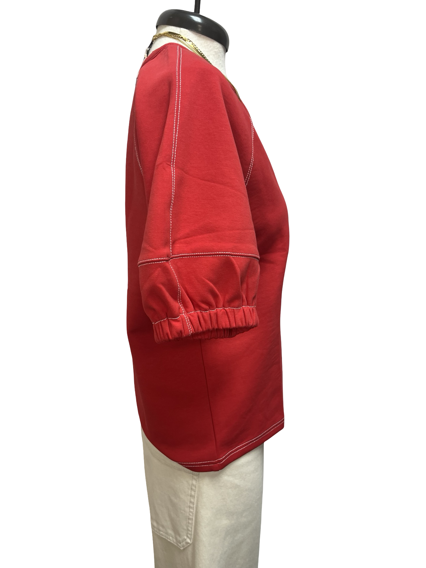 Short Sleeve Knit Stitching Detail Top Red