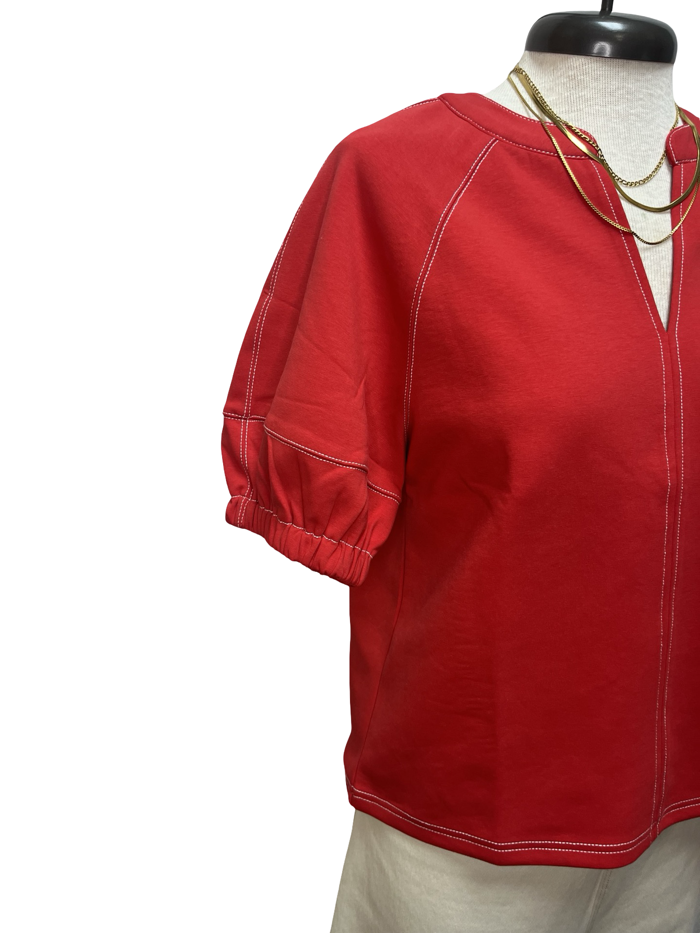Short Sleeve Knit Stitching Detail Top Red
