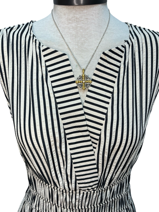 Striped Tiered Midi Dress with Pockets Black