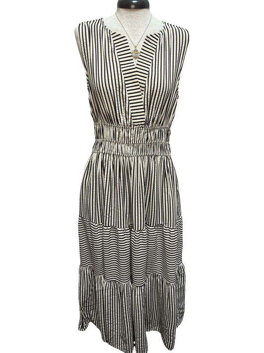 Striped Tiered Midi Dress with Pockets Black