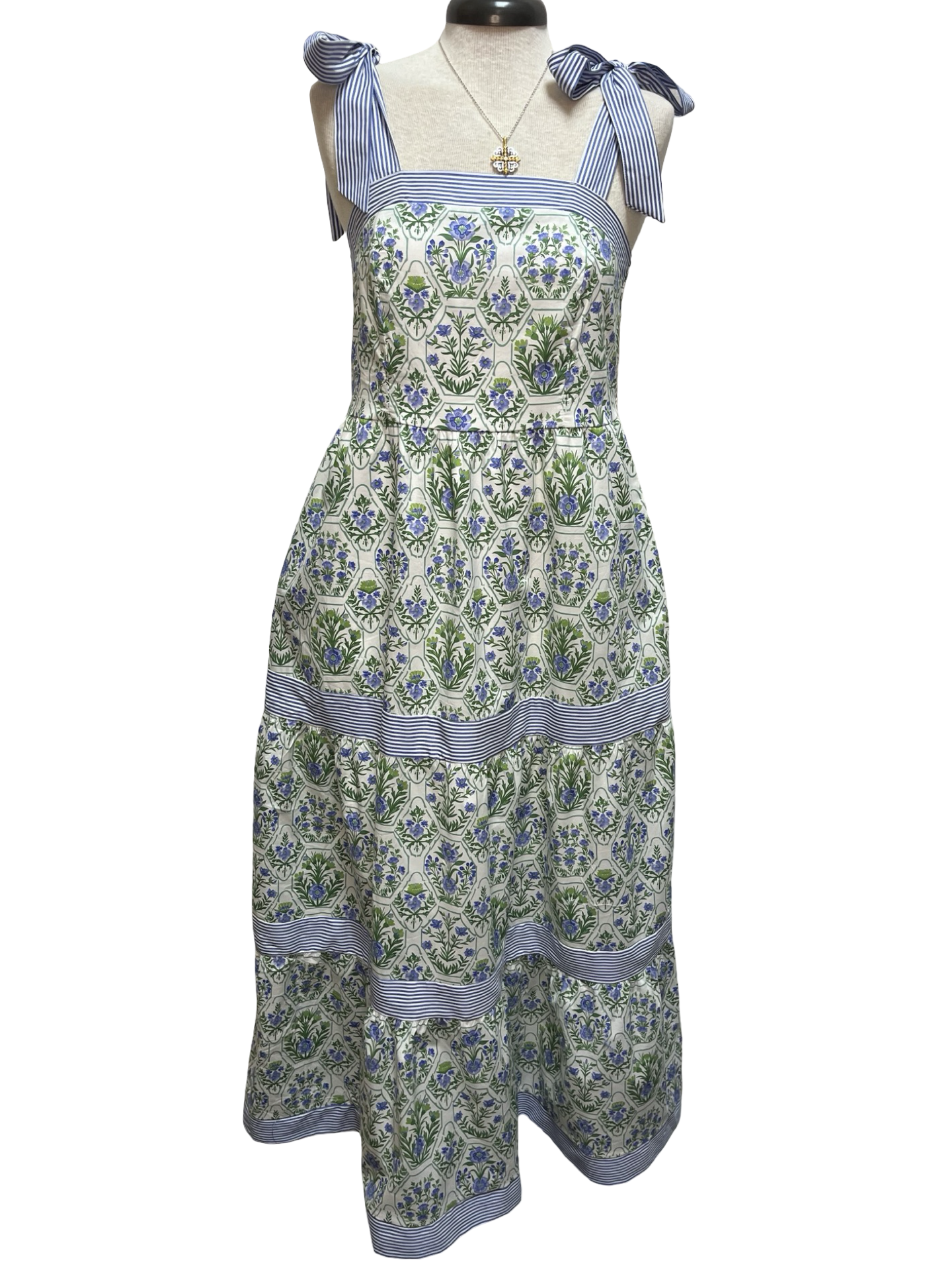 Tied Shoulder Tiered Print Maxi Dress with Pockets Green/Blue