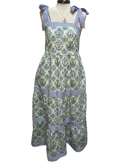 Tied Shoulder Tiered Print Maxi Dress with Pockets Green/Blue