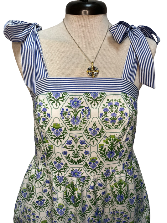 Tied Shoulder Tiered Print Maxi Dress with Pockets Green/Blue