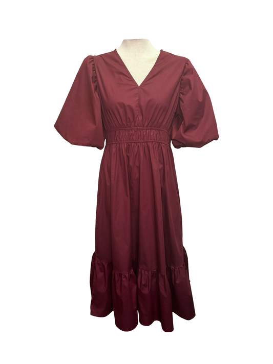 Bubble Sleeve Midi Dress Wine
