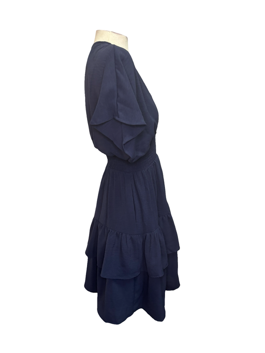 Smocked Waist Short Sleeve Mini Dress Navy