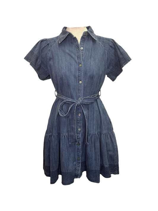 Stitched Flounce Sleeve Waist Tie Denim Dress