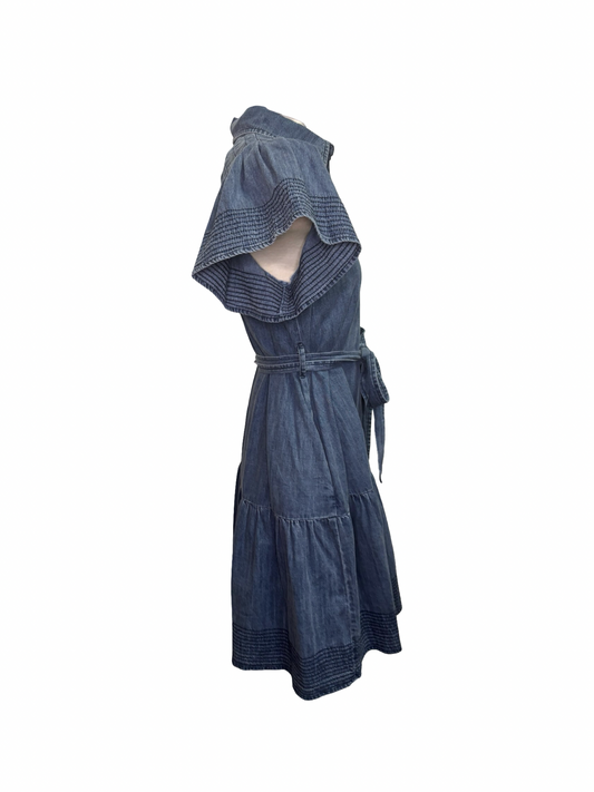 Stitched Flounce Sleeve Waist Tie Denim Dress