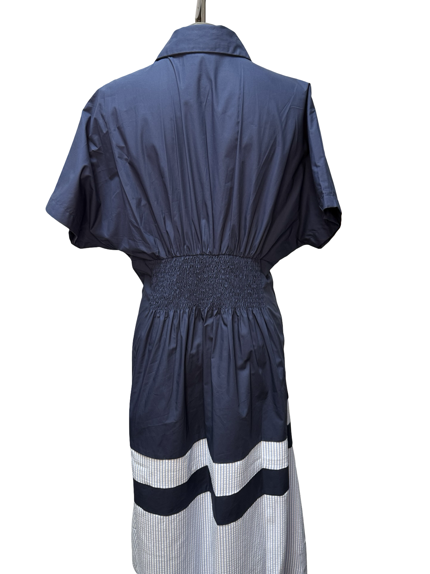 Short Sleeve Ruched Waist Shirt Dress Navy