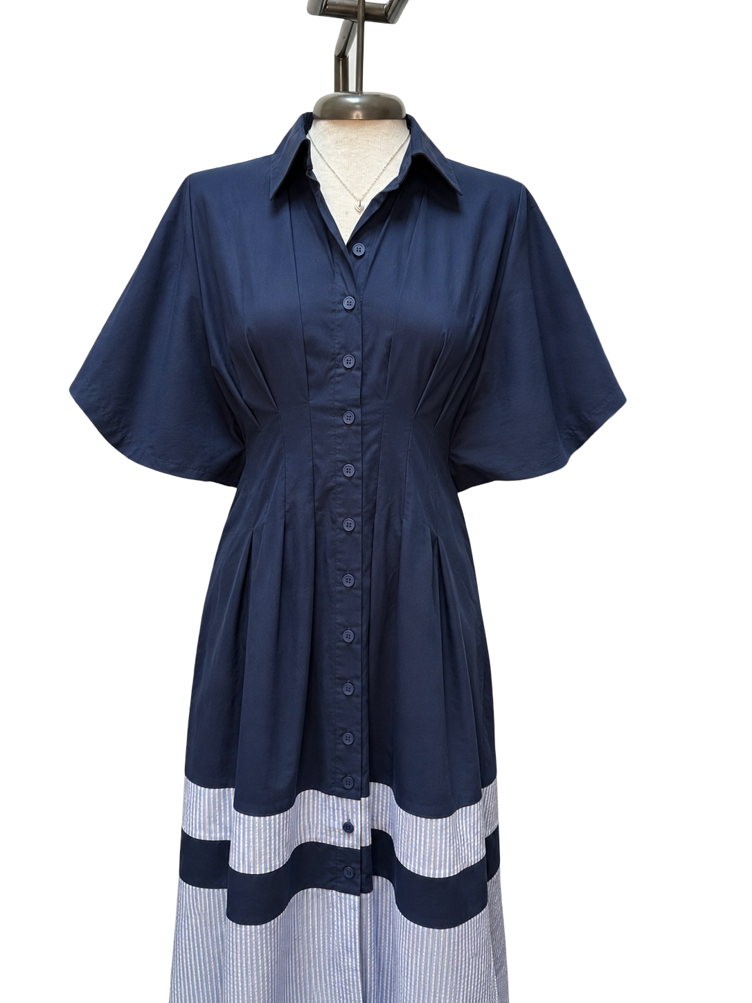 Short Sleeve Ruched Waist Shirt Dress Navy