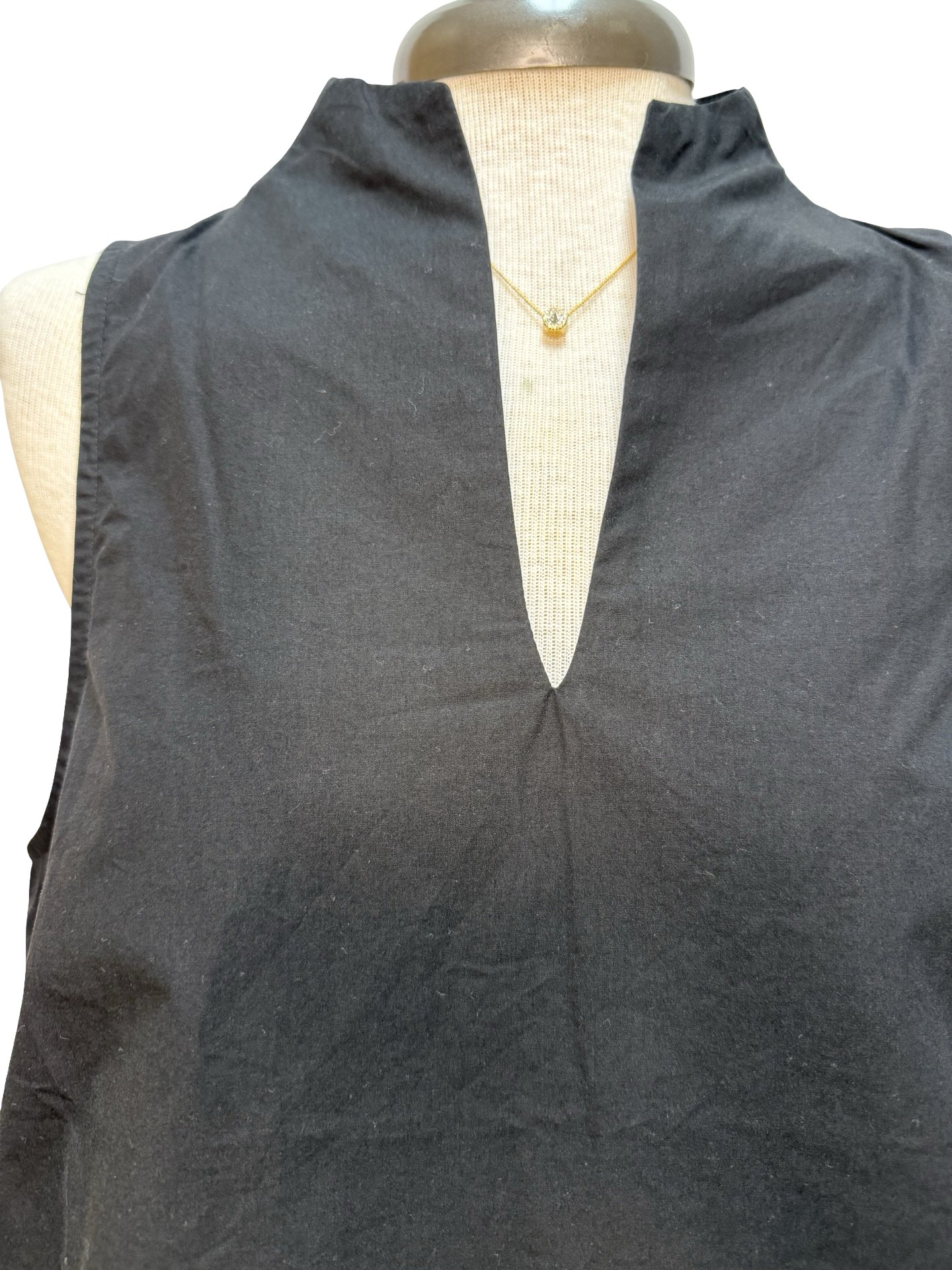 Split V Neck Stand Collar Top Black